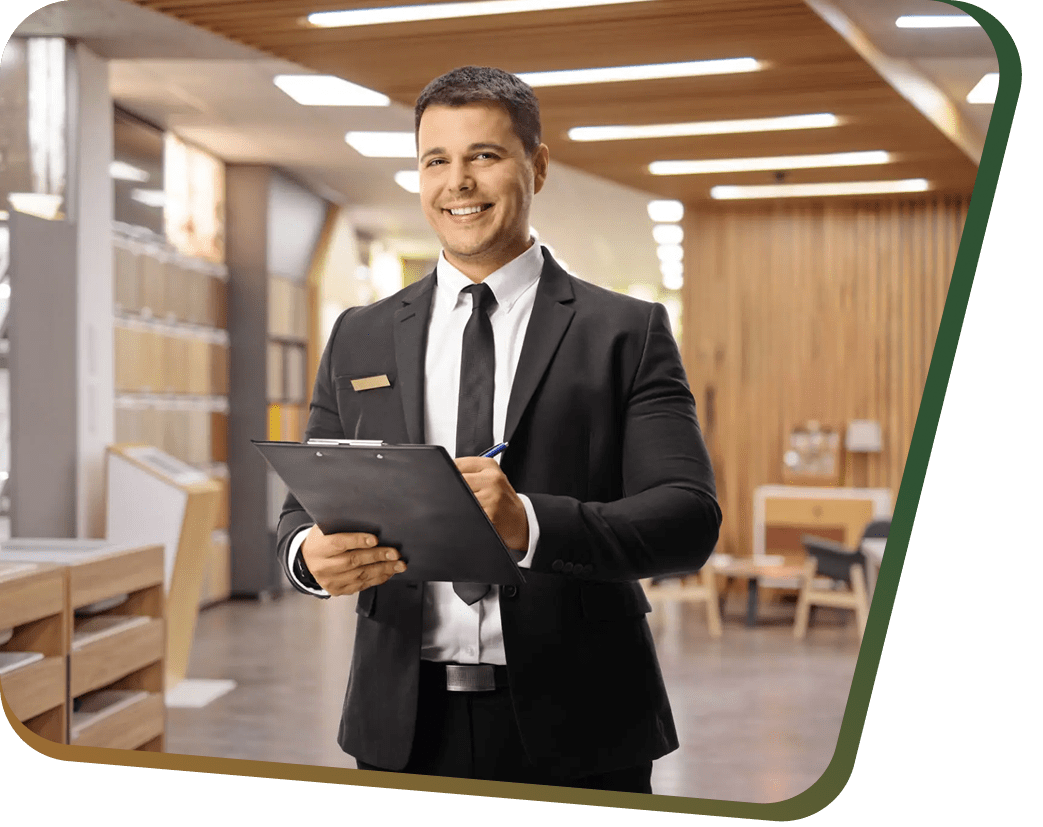Hotel manager in suit holding clipboard