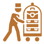 Bellhop pushing luggage cart icon.